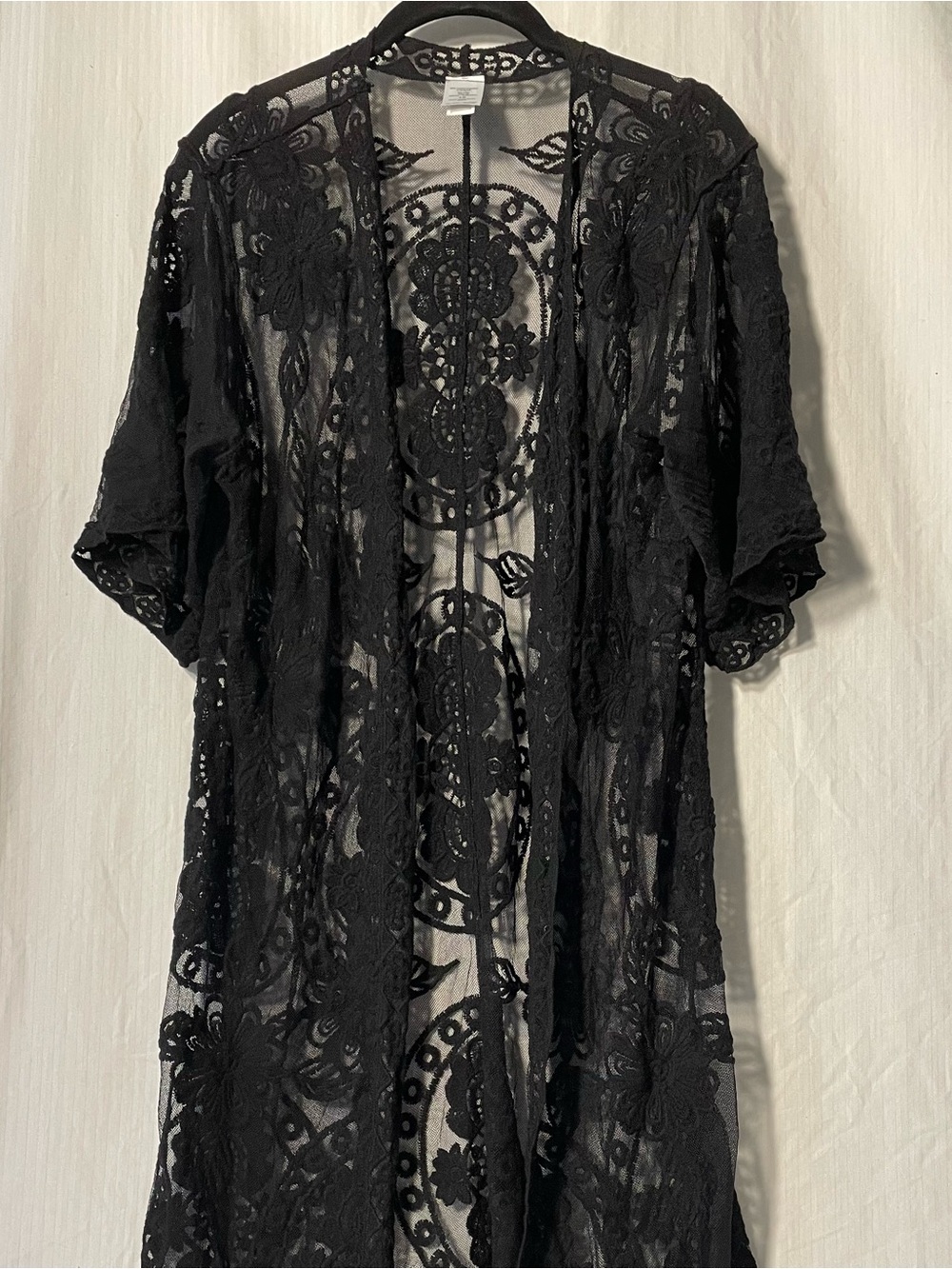Elegant Black Sheer Lace Duster Kimono